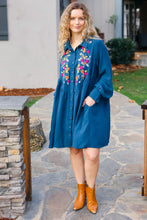 Load image into Gallery viewer, Just Imagine Navy Floral Embroidered Button Down Long Sleeve Dress
