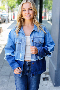 Denim Days Blue Color Block Distressed Denim Jacket