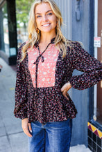 Load image into Gallery viewer, Black Floral Beaded Tie Peasant Woven Blouse
