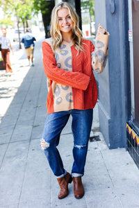 Animal Print Cable Knit Color Block Sweater in Rust & Taupe