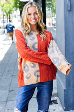 Load image into Gallery viewer, Animal Print Cable Knit Color Block Sweater in Rust &amp; Taupe
