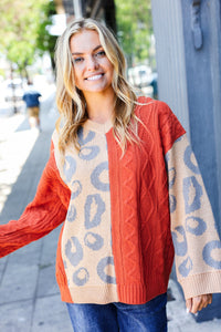 Animal Print Cable Knit Color Block Sweater in Rust & Taupe