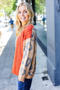 Animal Print Cable Knit Color Block Sweater in Rust & Taupe