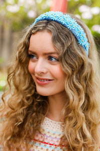 Daisy Rhinestone Headband in Blue Satin