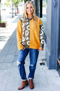 Animal Print Cable Color Block Sweater in Mustard & Olive