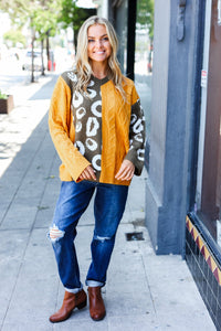 Animal Print Cable Color Block Sweater in Mustard & Olive