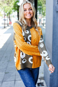 Animal Print Cable Color Block Sweater in Mustard & Olive