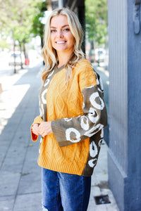 Animal Print Cable Color Block Sweater in Mustard & Olive