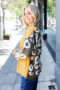 Animal Print Cable Color Block Sweater in Mustard & Olive