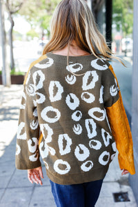 Animal Print Cable Color Block Sweater in Mustard & Olive