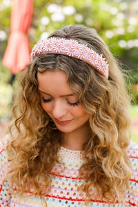 Daisy Rhinestone Headband in Pink Satin