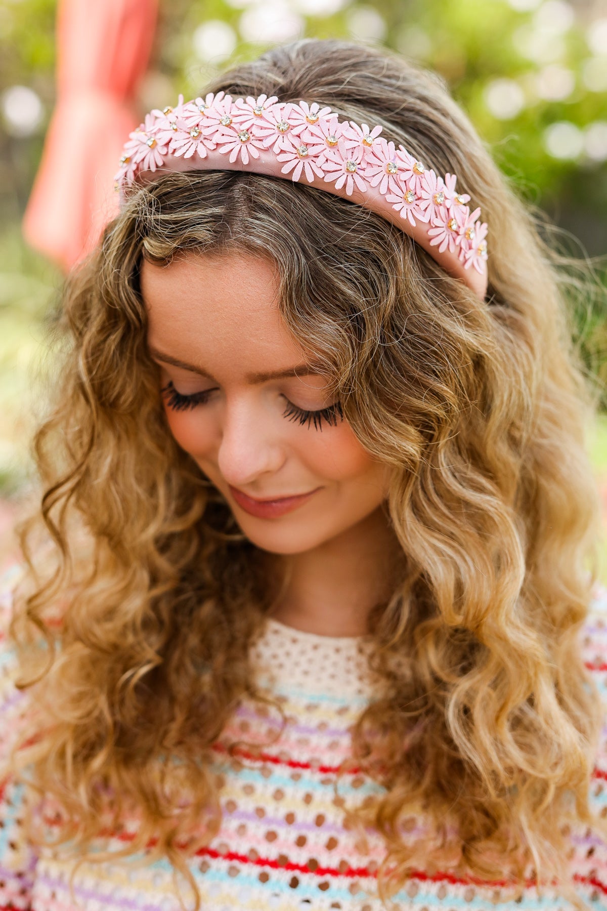 Daisy Rhinestone Headband in Pink Satin