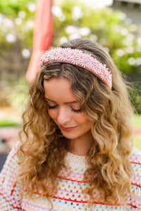 Daisy Rhinestone Headband in Pink Satin