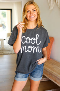 "Cool Mom" Embroidery Pop-Up Rib Dolman Top