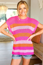 Load image into Gallery viewer, Pop of Color Stripe Short Sleeve Dolman Sweater in Fuchsia &amp; Orange
