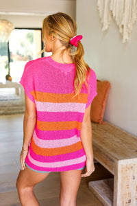 Pop of Color Stripe Short Sleeve Dolman Sweater in Fuchsia & Orange