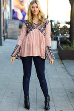 Load image into Gallery viewer, Road To Happiness Rust Boho Floral Stripe Two Tone Bell Sleeve Top
