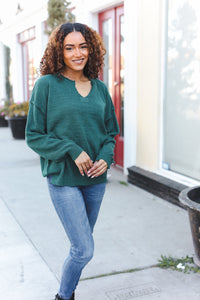 Lock Eyes Notched Neck With Patch Oversized Sweater in Hunter Green