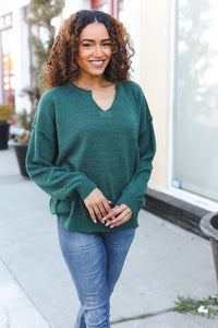 Lock Eyes Notched Neck With Patch Oversized Sweater in Hunter Green