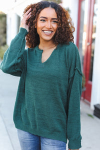 Lock Eyes Notched Neck With Patch Oversized Sweater in Hunter Green