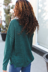 Lock Eyes Notched Neck With Patch Oversized Sweater in Hunter Green