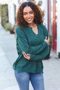 Lock Eyes Notched Neck With Patch Oversized Sweater in Hunter Green