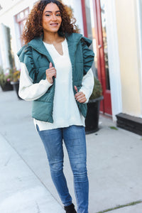 Feeling Festive Zipper Up Quilted Ruffle Sleeve Puffer Vest in Hunter Green