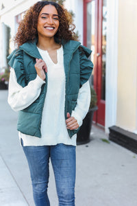 Feeling Festive Zipper Up Quilted Ruffle Sleeve Puffer Vest in Hunter Green