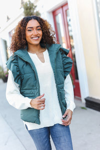 Feeling Festive Zipper Up Quilted Ruffle Sleeve Puffer Vest in Hunter Green