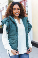 Load image into Gallery viewer, Feeling Festive Zipper Up Quilted Ruffle Sleeve Puffer Vest in Hunter Green
