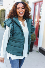 Load image into Gallery viewer, Feeling Festive Zipper Up Quilted Ruffle Sleeve Puffer Vest in Hunter Green
