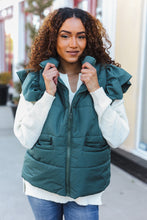 Load image into Gallery viewer, Feeling Festive Zipper Up Quilted Ruffle Sleeve Puffer Vest in Hunter Green
