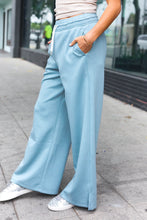 Load image into Gallery viewer, Weekend Ready Scuba Knit Drawstring Wide Leg Pants in Blue Grey
