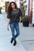 Load image into Gallery viewer, Holiday Ready Black Velvet Multicolor Sequin Puff Sleeve Top
