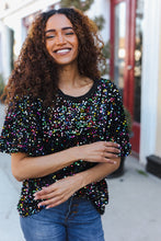 Load image into Gallery viewer, Holiday Ready Black Velvet Multicolor Sequin Puff Sleeve Top
