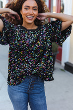 Load image into Gallery viewer, Holiday Ready Black Velvet Multicolor Sequin Puff Sleeve Top
