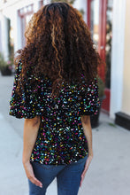 Load image into Gallery viewer, Holiday Ready Black Velvet Multicolor Sequin Puff Sleeve Top
