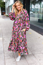 Load image into Gallery viewer, Go For It Forest &amp; Lavender Floral Print Notched Neck Tiered Maxi Dress
