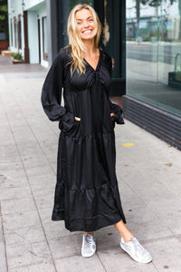 Elegant Elastic V Neck Tiered Satin Maxi Dress in Black