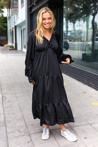 Elegant Elastic V Neck Tiered Satin Maxi Dress in Black