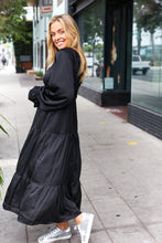 Load image into Gallery viewer, Elegant Elastic V Neck Tiered Satin Maxi Dress in Black
