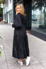 Load image into Gallery viewer, Elegant Elastic V Neck Tiered Satin Maxi Dress in Black
