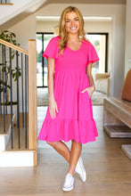 Load image into Gallery viewer, Smocked Fit &amp; Flare Flutter Sleeve Dress in Fuchsia
