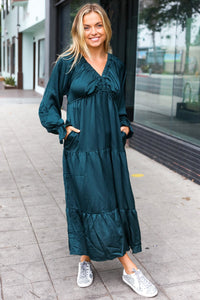 Elegant Elastic V Neck Tiered Satin Maxi Dress in Hunter Green