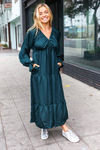 Load image into Gallery viewer, Elegant Elastic V Neck Tiered Satin Maxi Dress in Hunter Green
