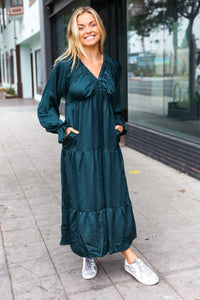 Elegant Elastic V Neck Tiered Satin Maxi Dress in Hunter Green