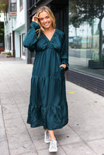 Load image into Gallery viewer, Elegant Elastic V Neck Tiered Satin Maxi Dress in Hunter Green
