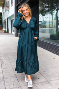 Elegant Elastic V Neck Tiered Satin Maxi Dress in Hunter Green