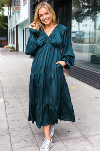 Elegant Elastic V Neck Tiered Satin Maxi Dress in Hunter Green