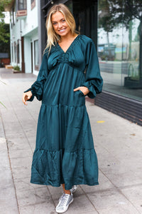 Elegant Elastic V Neck Tiered Satin Maxi Dress in Hunter Green